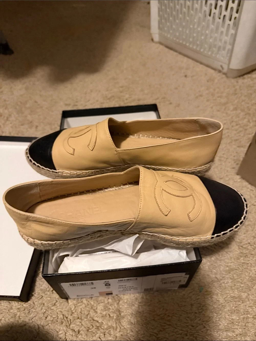 CHANEL Beige and Black Leather Espadrille Flats with Interlocking CC